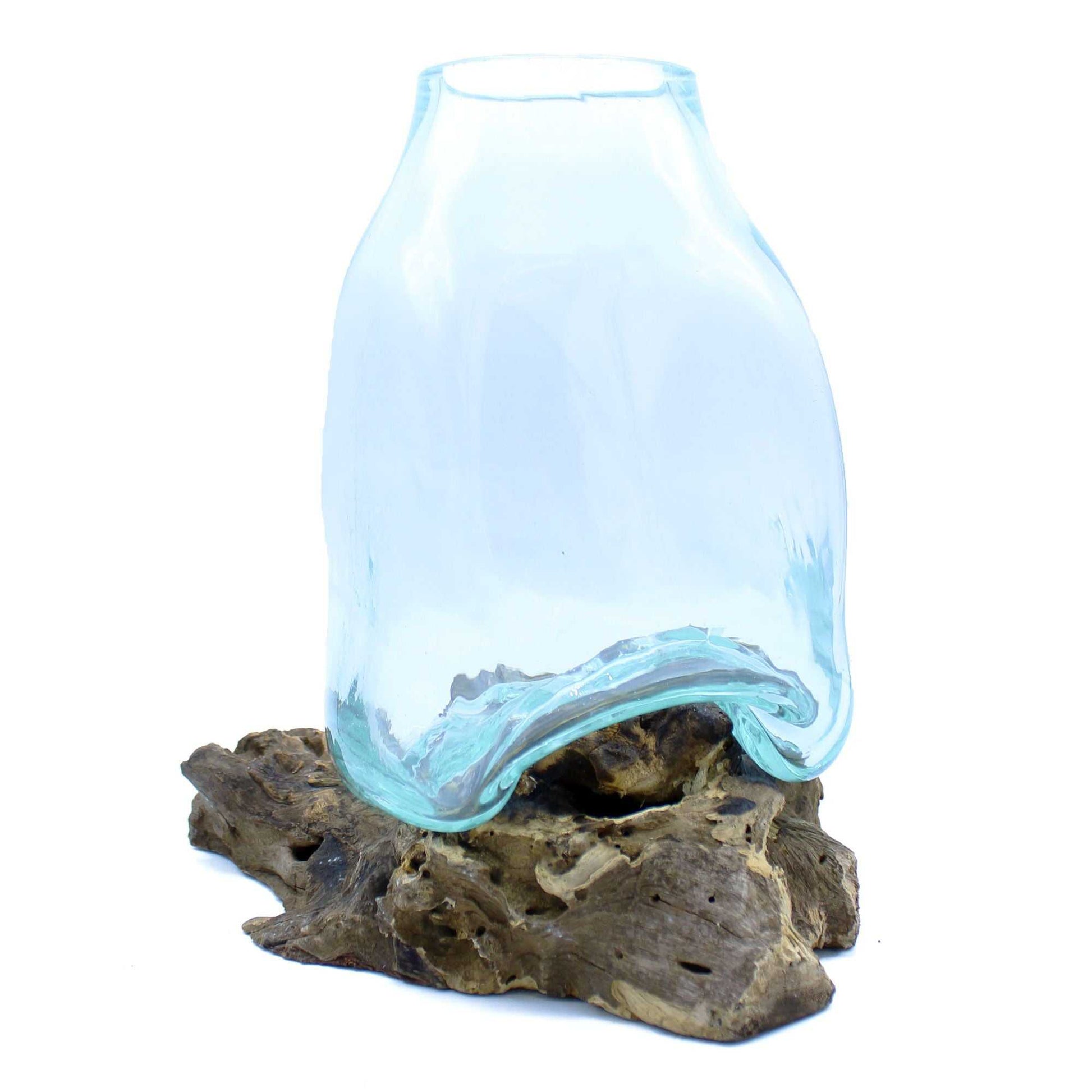 Large Molten Glass Vase - Terrarium Jar on Wood on a white background
