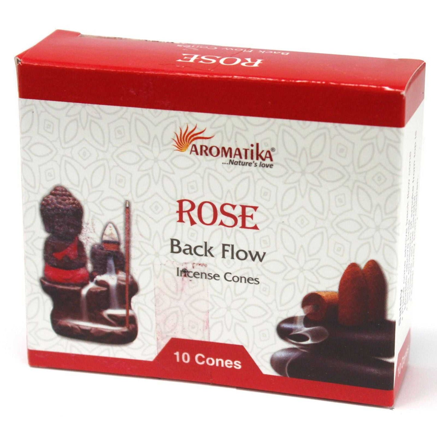 Aromatika Rose Back Flow Incense Cones packaging on a white background