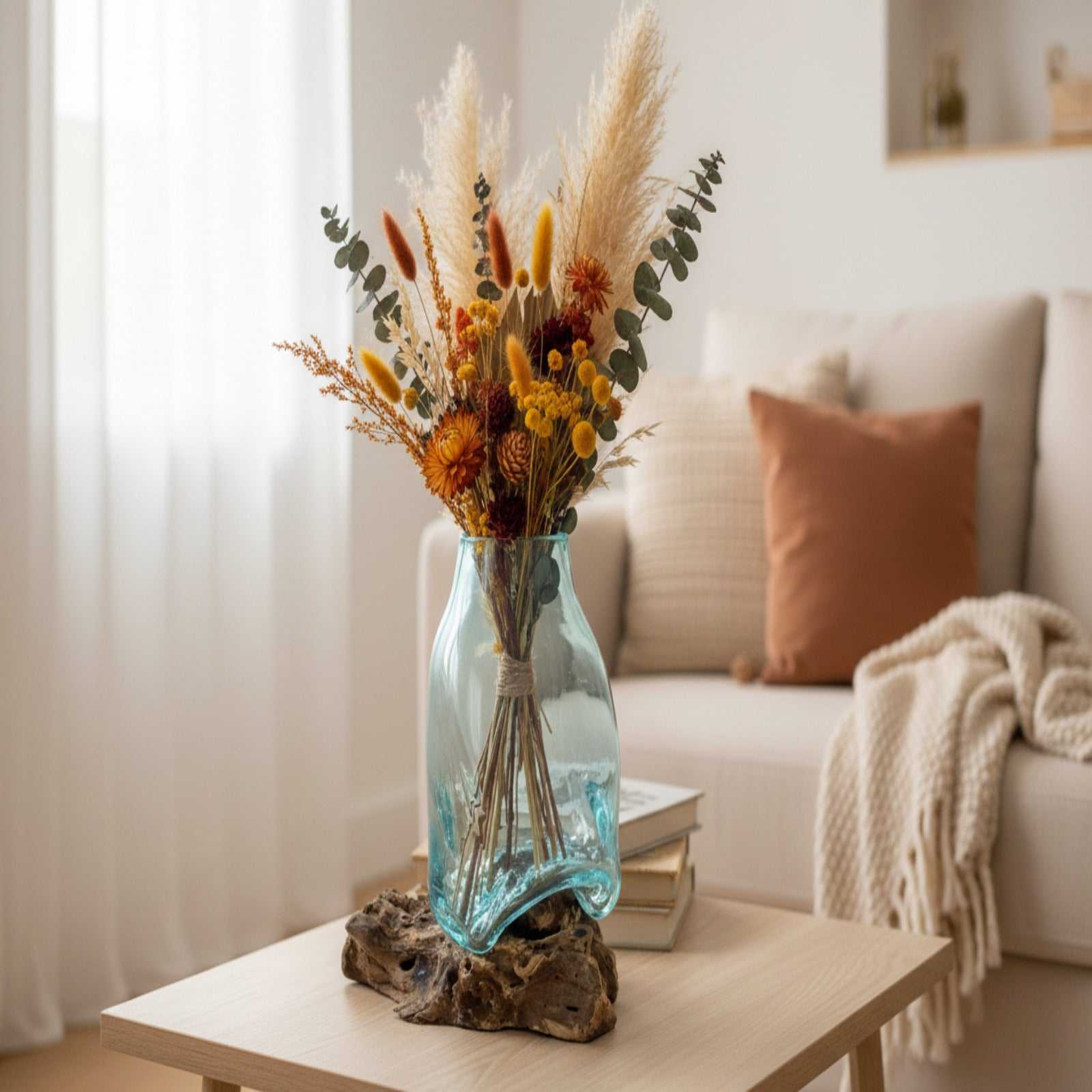 Large Molten Glass Vase - Terrarium Jar on Wood filled with dry plants on a living room setting