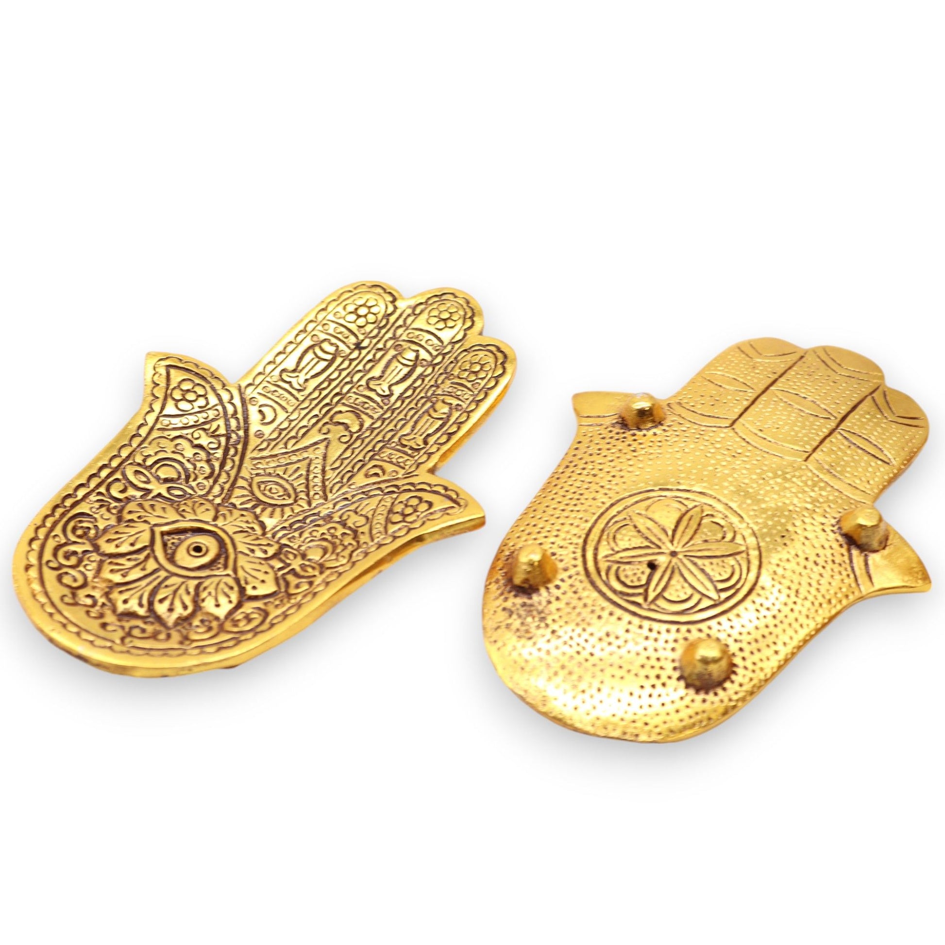 Gold Aluminium  Small Hamsa Incense Holder Front and Rear views
