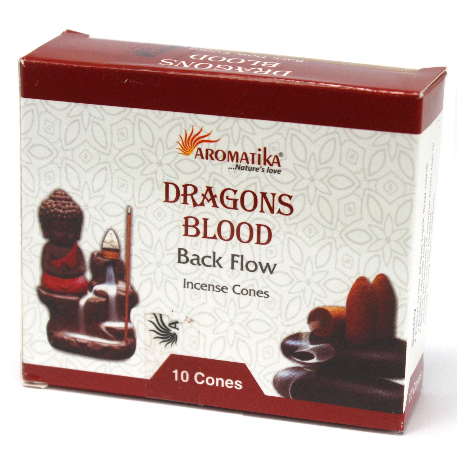 Box of Aromatika Dragons Blood Back Flow incense cones on a white background