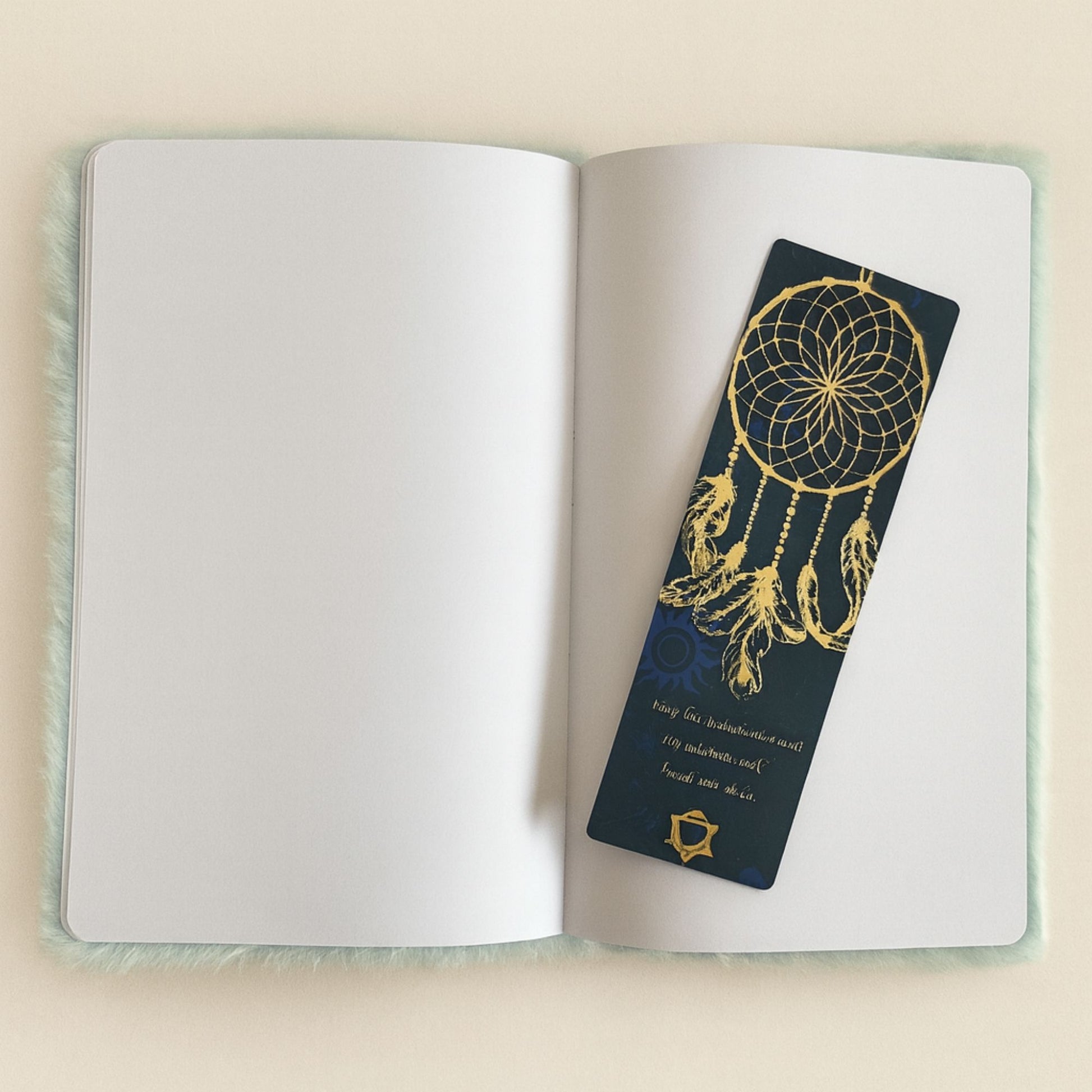 Open notebook with a dreamcatcher bookmark on a beige background