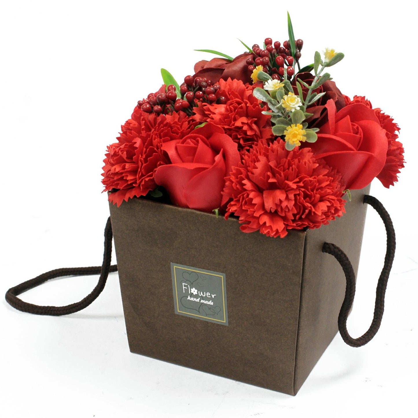 Red rose and carnation soap flower bouquet in gift bag