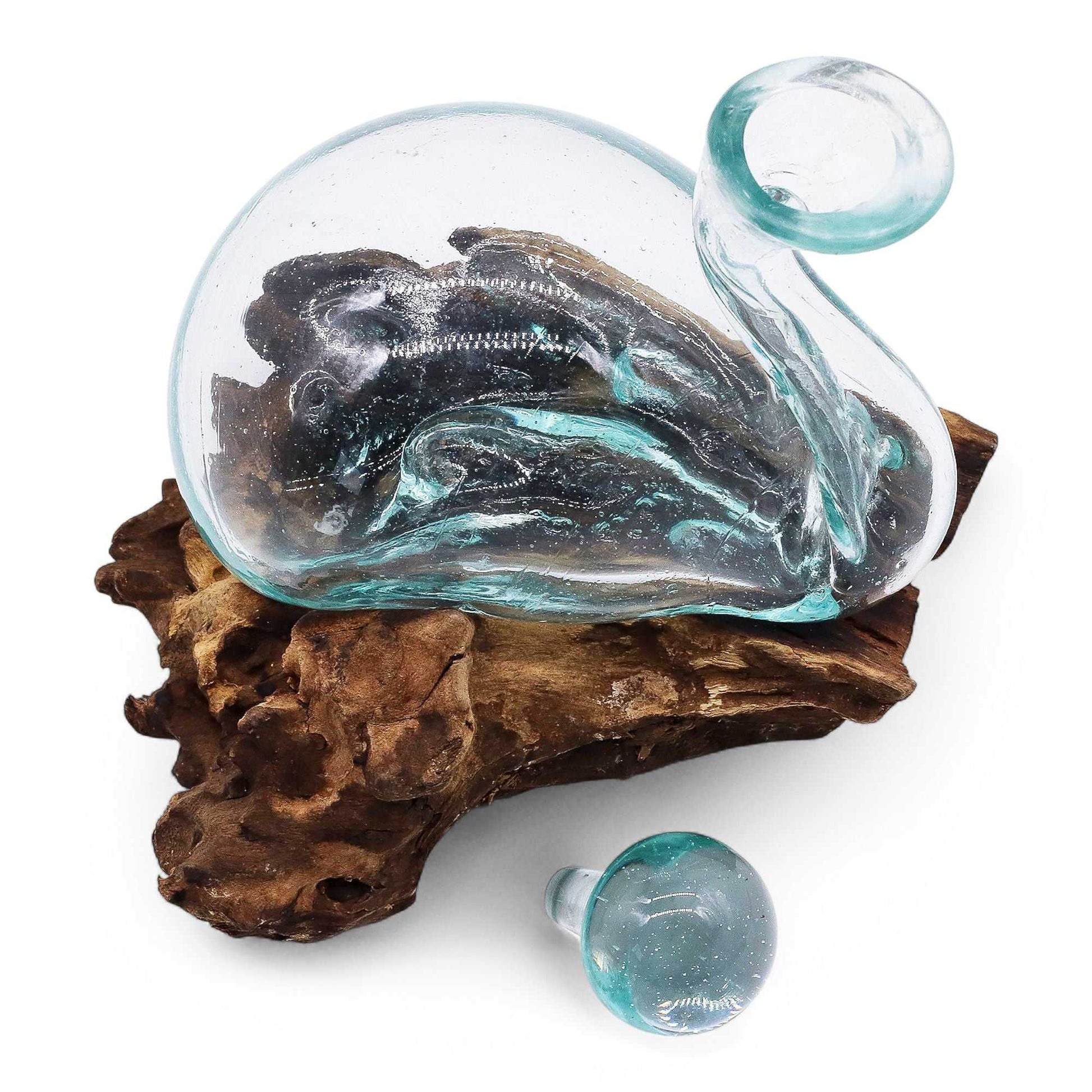 Molten Glass Duck Decanter on Wood with Stopper 19cm view with stopper off