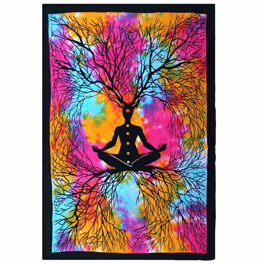Single Cotton Bedspread/Wall Hanging - Yoga Tree on a white background.