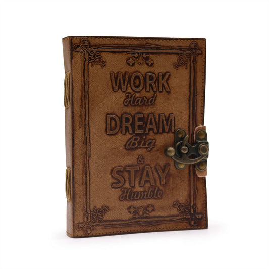 Leather Journal Plain Paper with  Work and Dream Big and Stay Humble on a white background