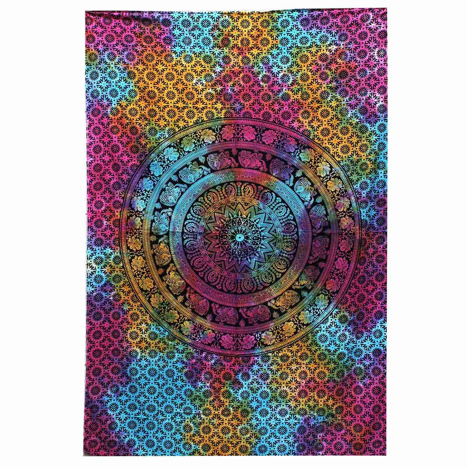 Double Cotton Bedspread / Wall Hanging - Mandala Elephant on a white background