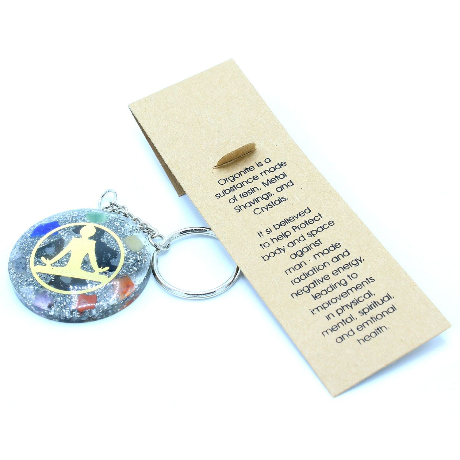 Orgonite Power Keyring - Buddha Seven Chakra and information card on a white background