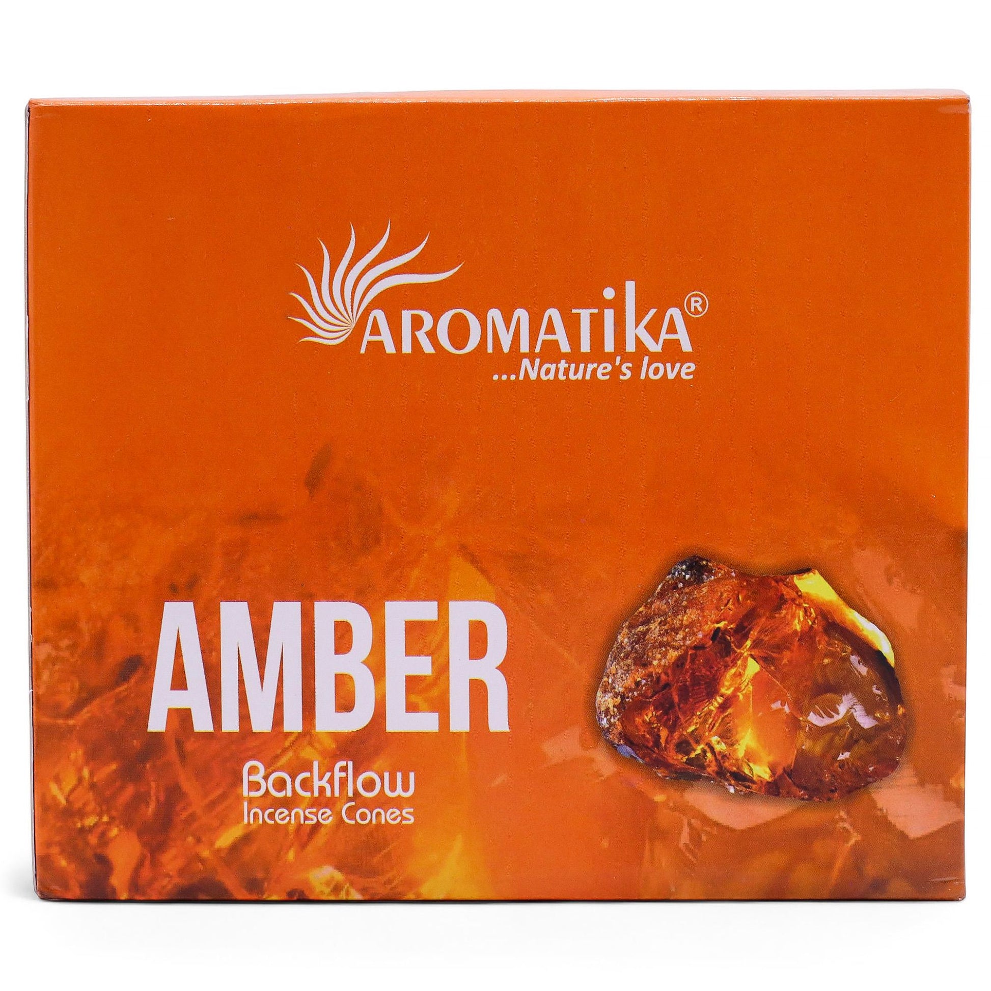 Aromatika Amber backflow incense cones packaging on an orange background