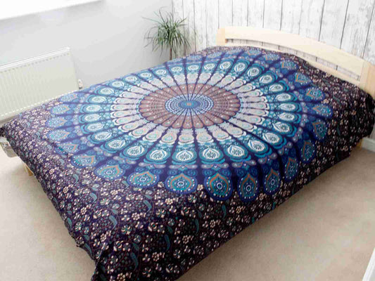 Bed with a Double Cotton Bedspread / Wall Hanging - Classic Mandala in a room.