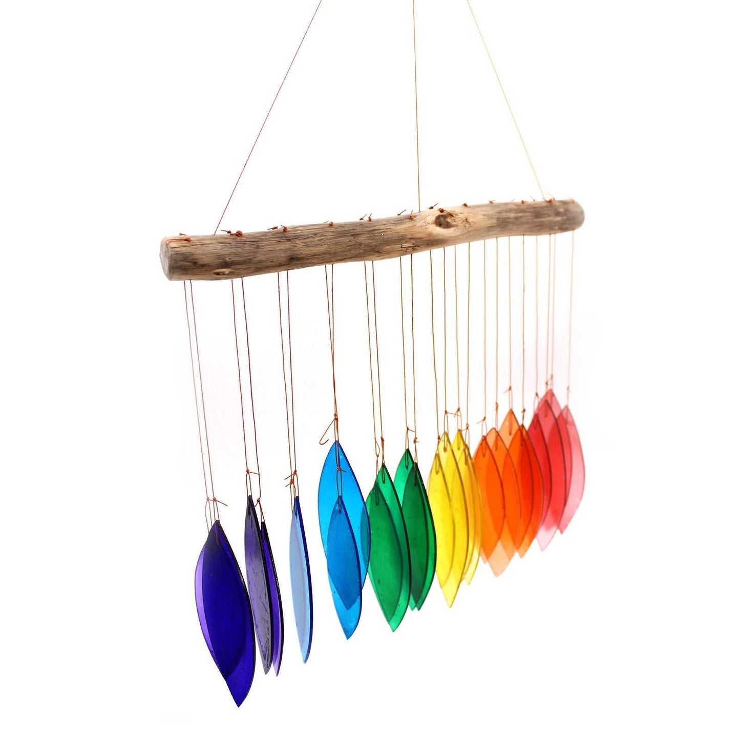 Colorful glass feather wind chime hanging from a wooden rod on a white background