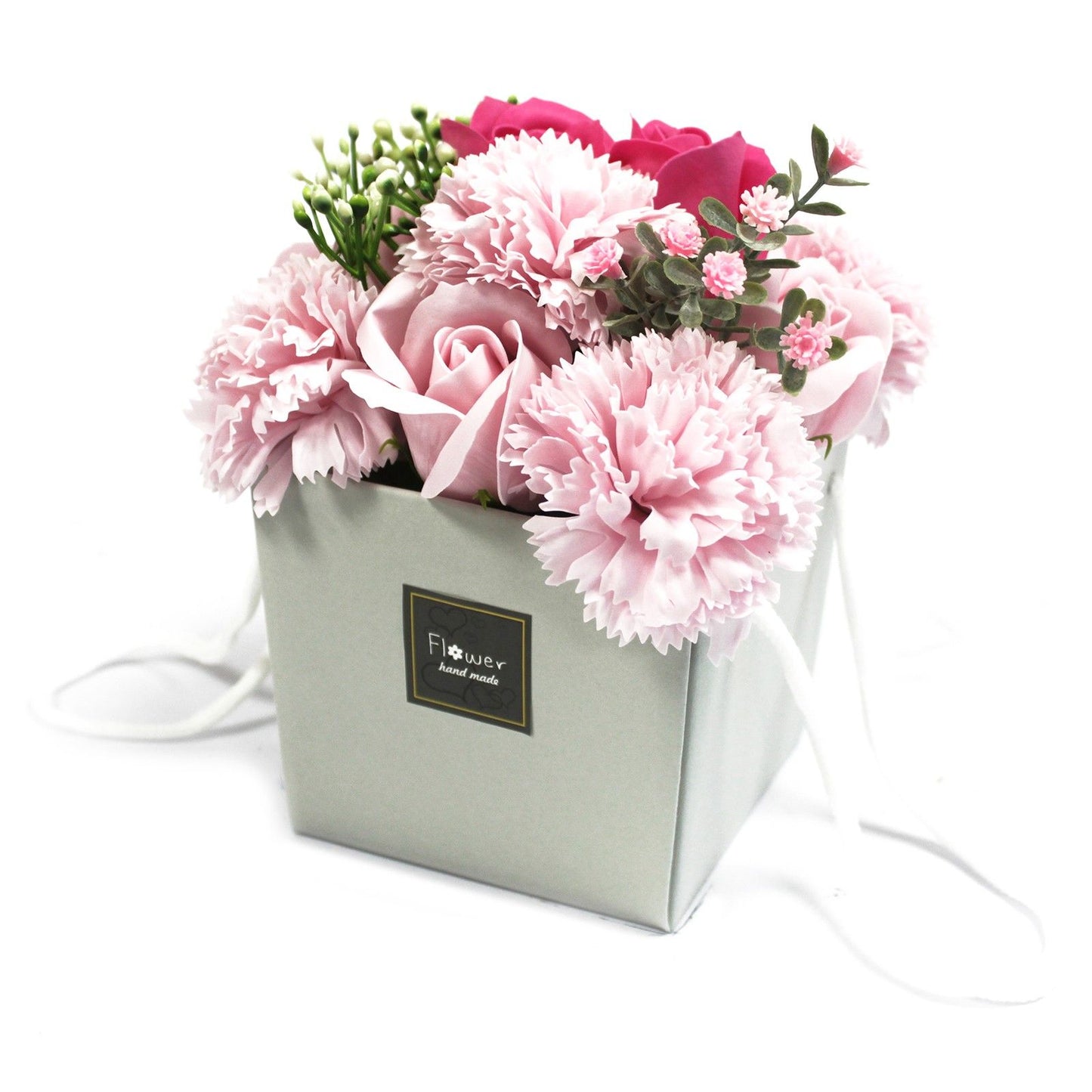 Pink Rose and Carnation Soap Flower Bouquet in white gift box