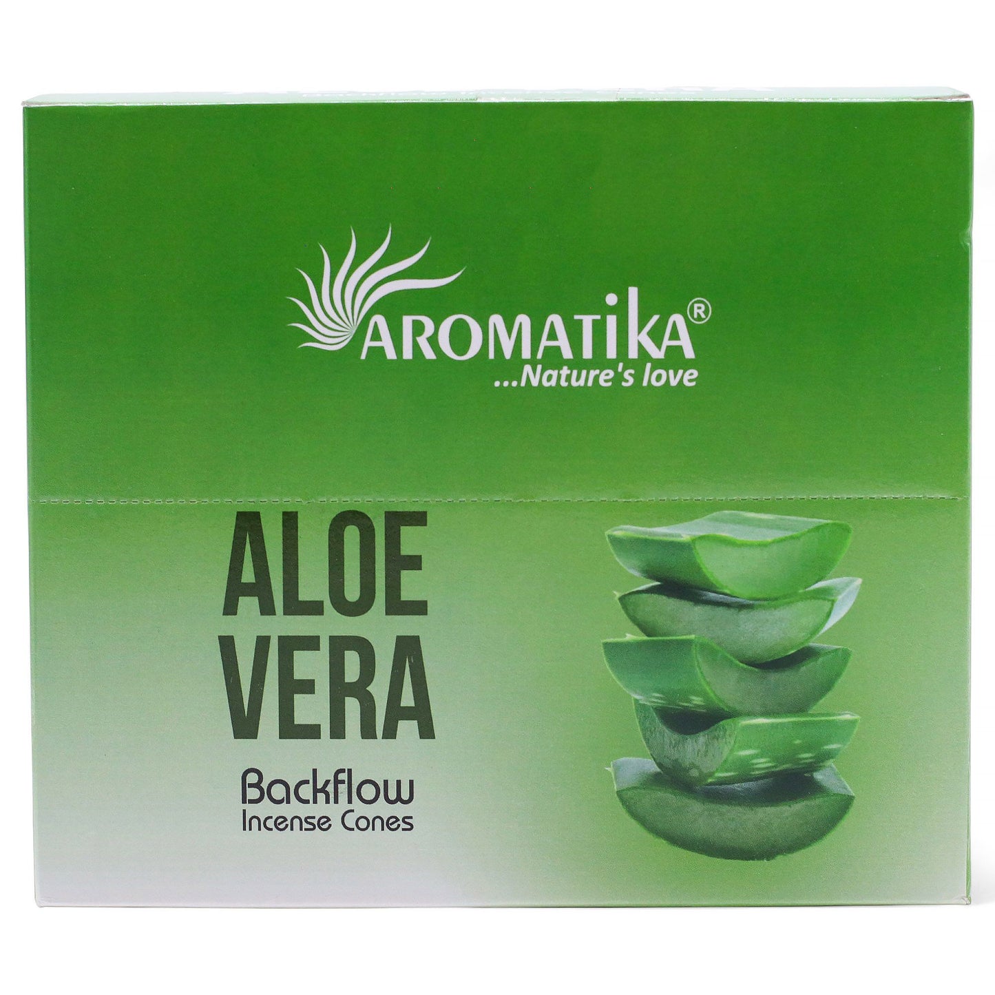 Aromatika Aloe Vera backflow incense cones packaging on a white background