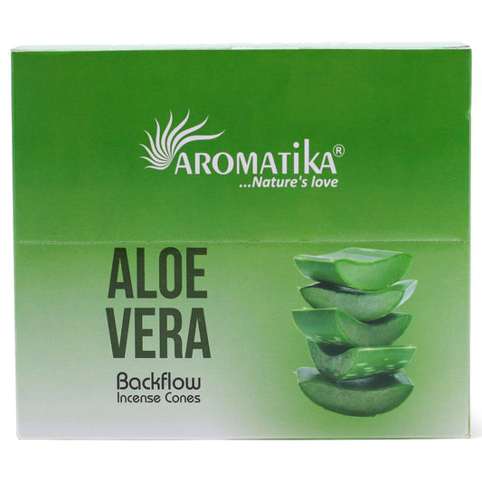 Aromatika Aloe Vera backflow incense cones packaging on a white background