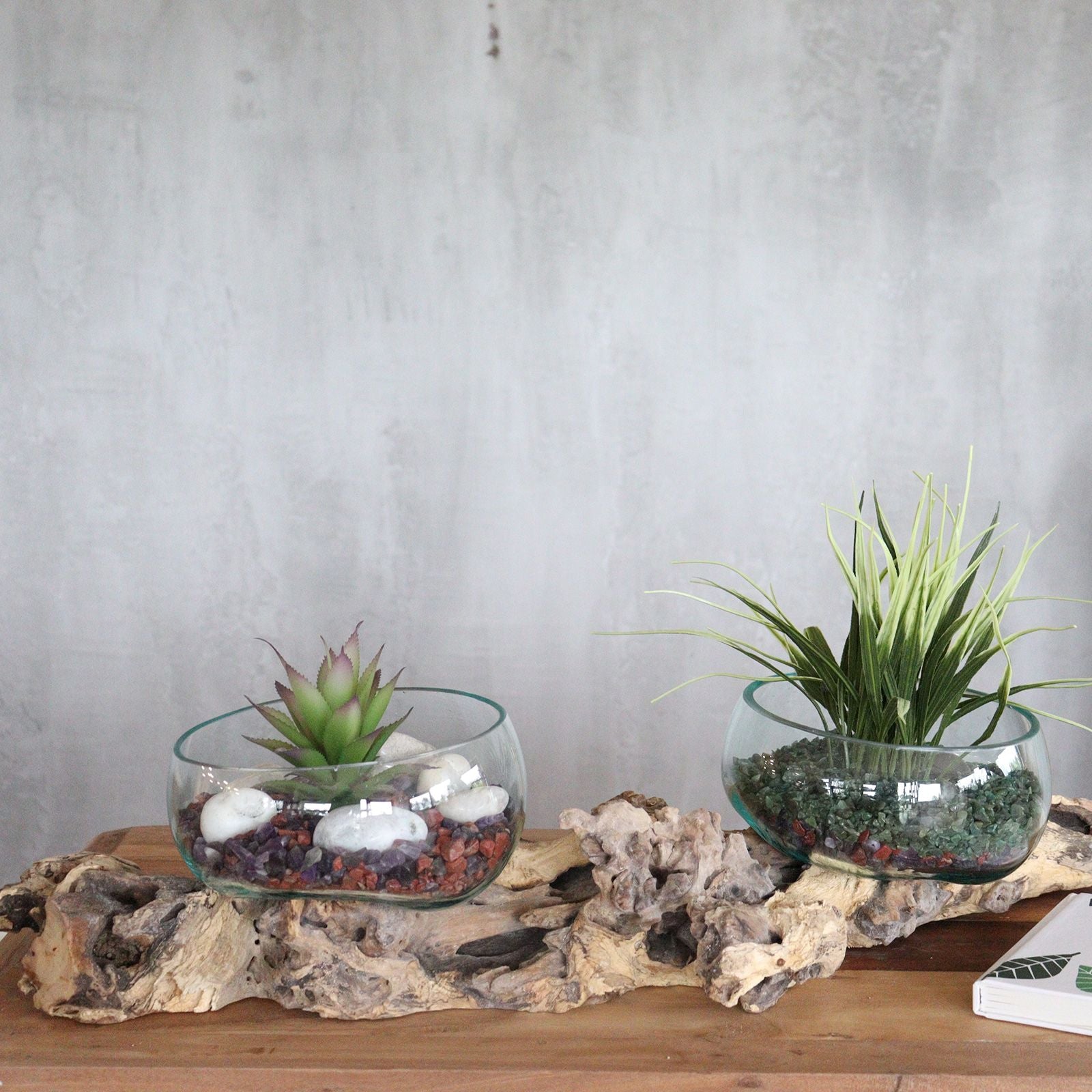 two glass bowls on gamal wood