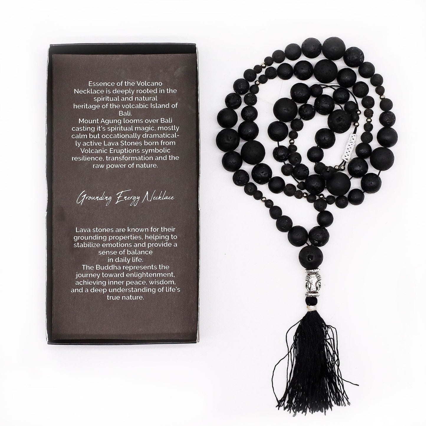 Essence of the Volcano Necklace with tassel next to a description card on a white background