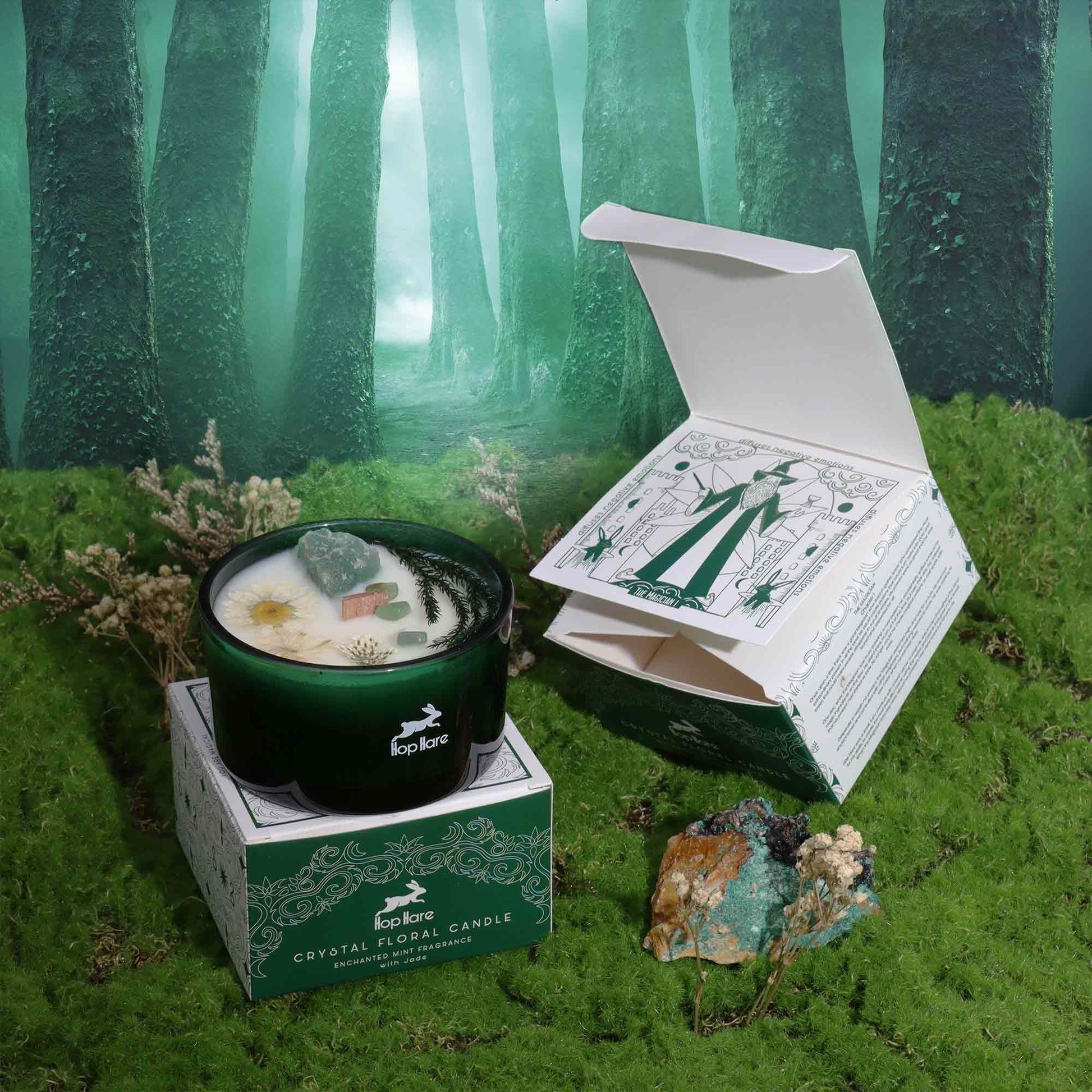 Hop Hare Crystal Magic Flower Candle - The Magician in a forest setting