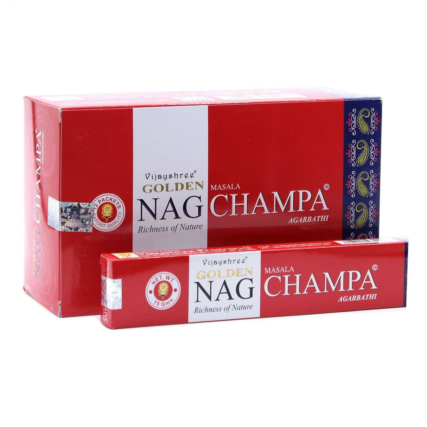 Two boxes of Vijayshree Golden Nag Champa incense on a white background