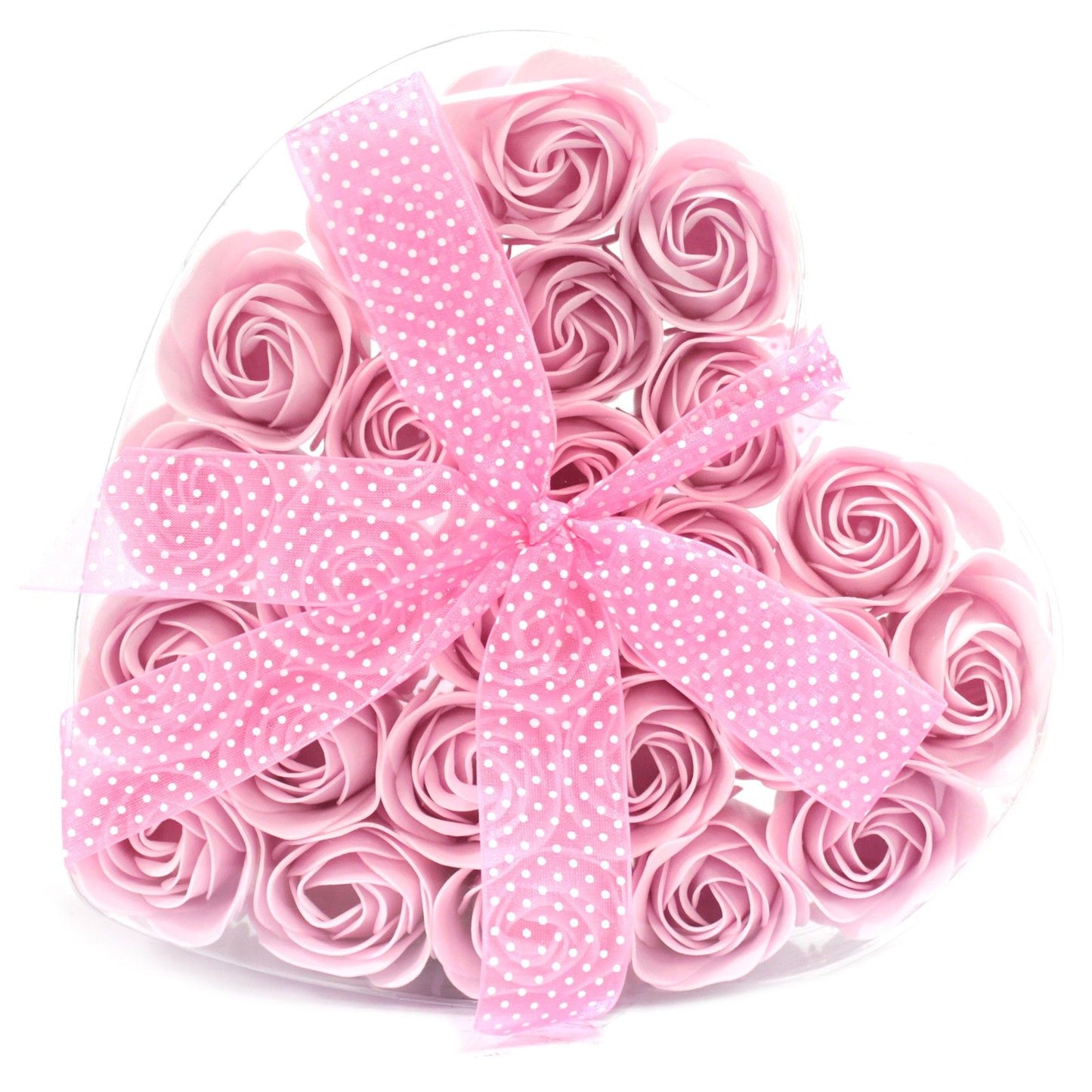 Heart-shaped gift box of pink soap roses with a polka dot ribbon