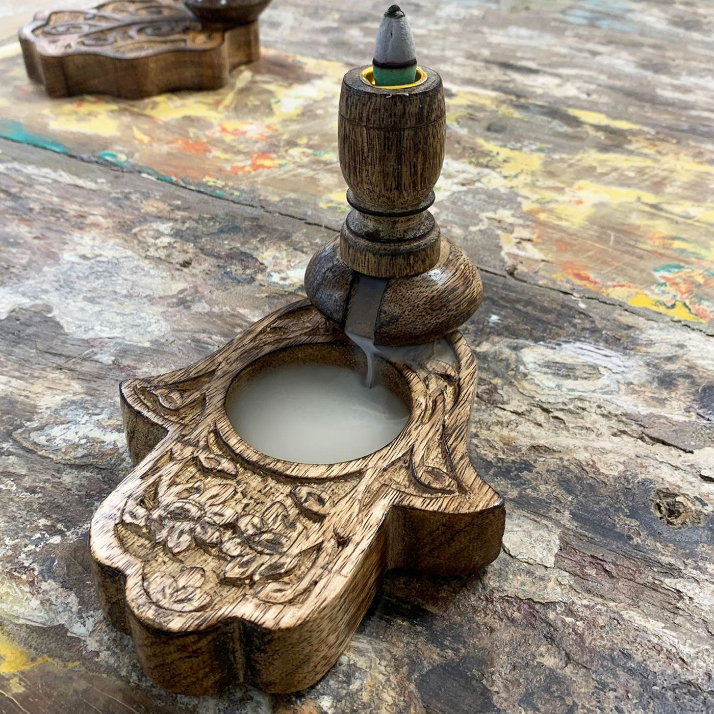 Small Mango Wood Backflow Burner - Hamsa, working image showing smoke