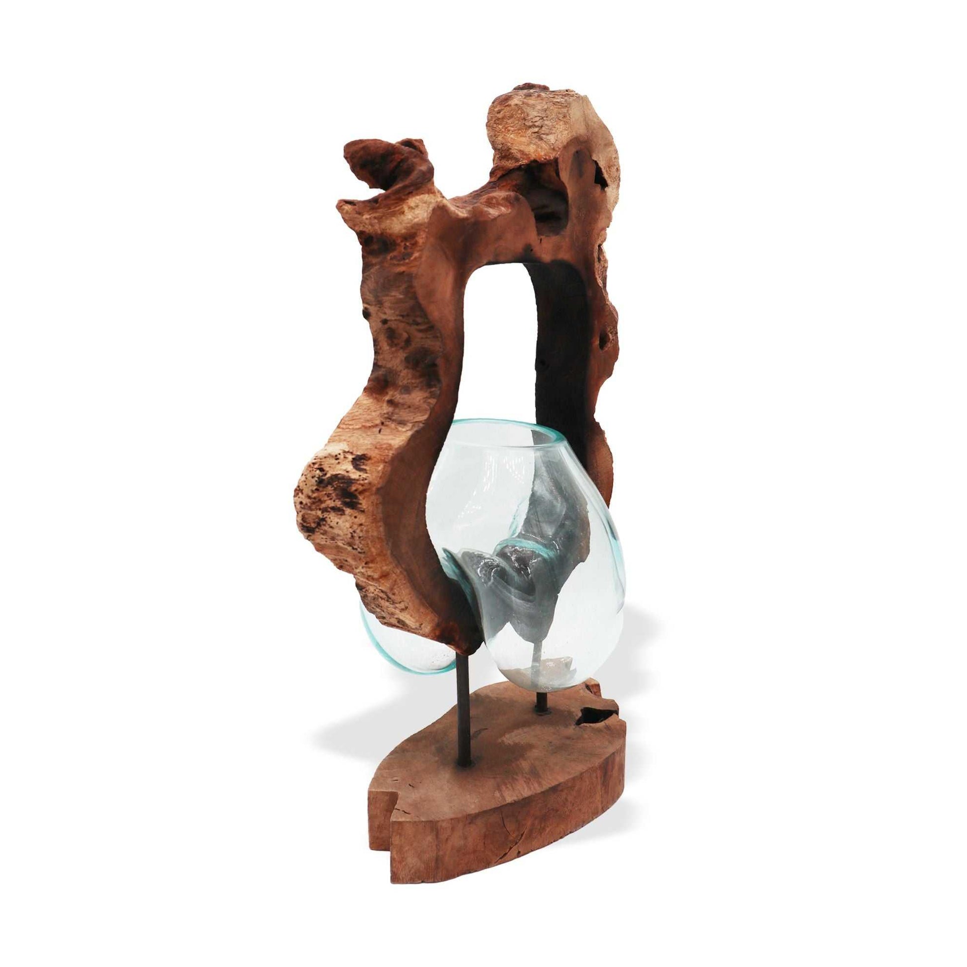 Molten Glass Hanging Art Vase on Wood - Balinese Handcrafted Homeware on a white background side view
