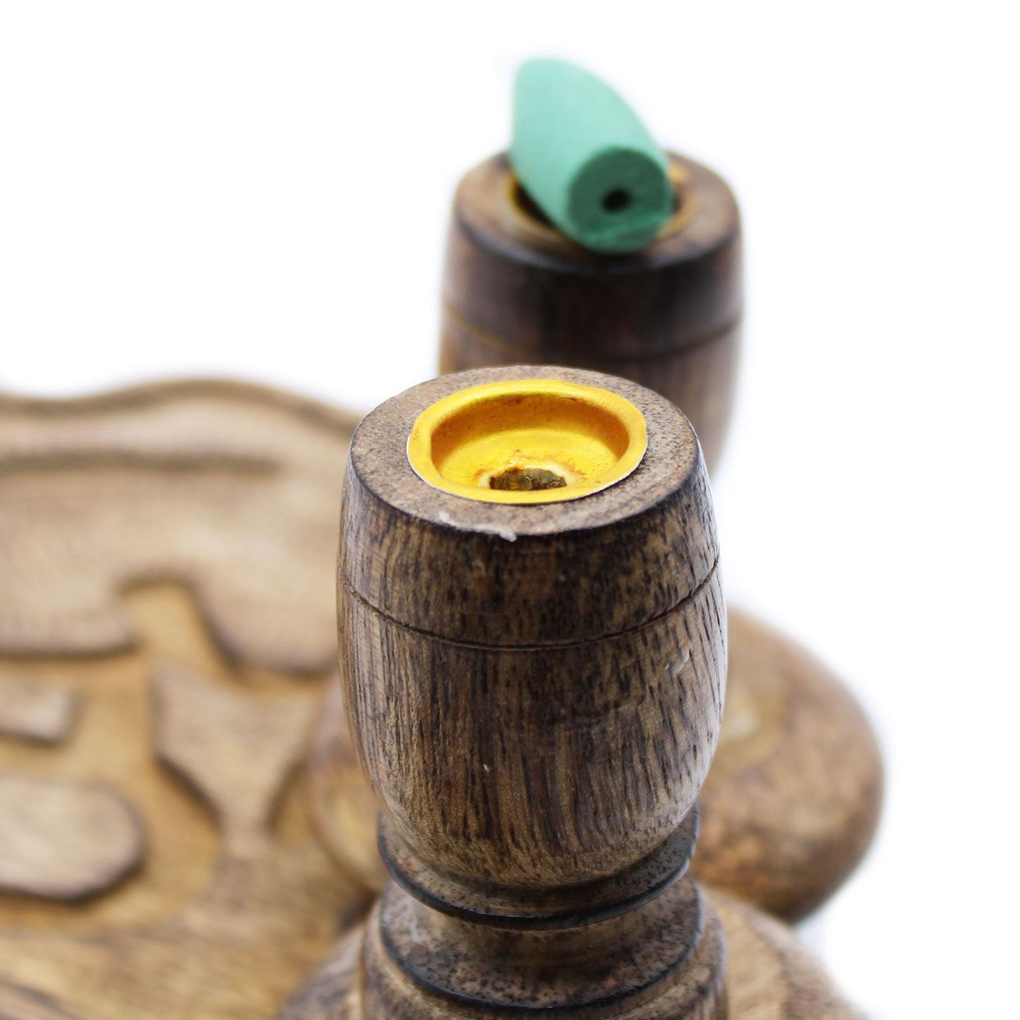Small Mango Wood Backflow Burner - Ohm, close up view of cone placement