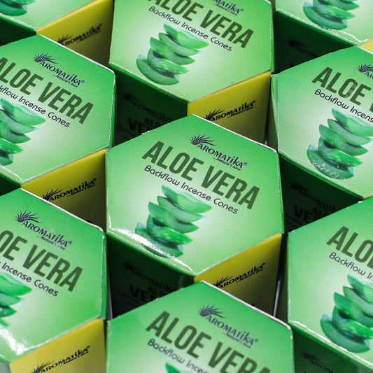 Stack of Aromatika Aloe Vera incense cones packaging