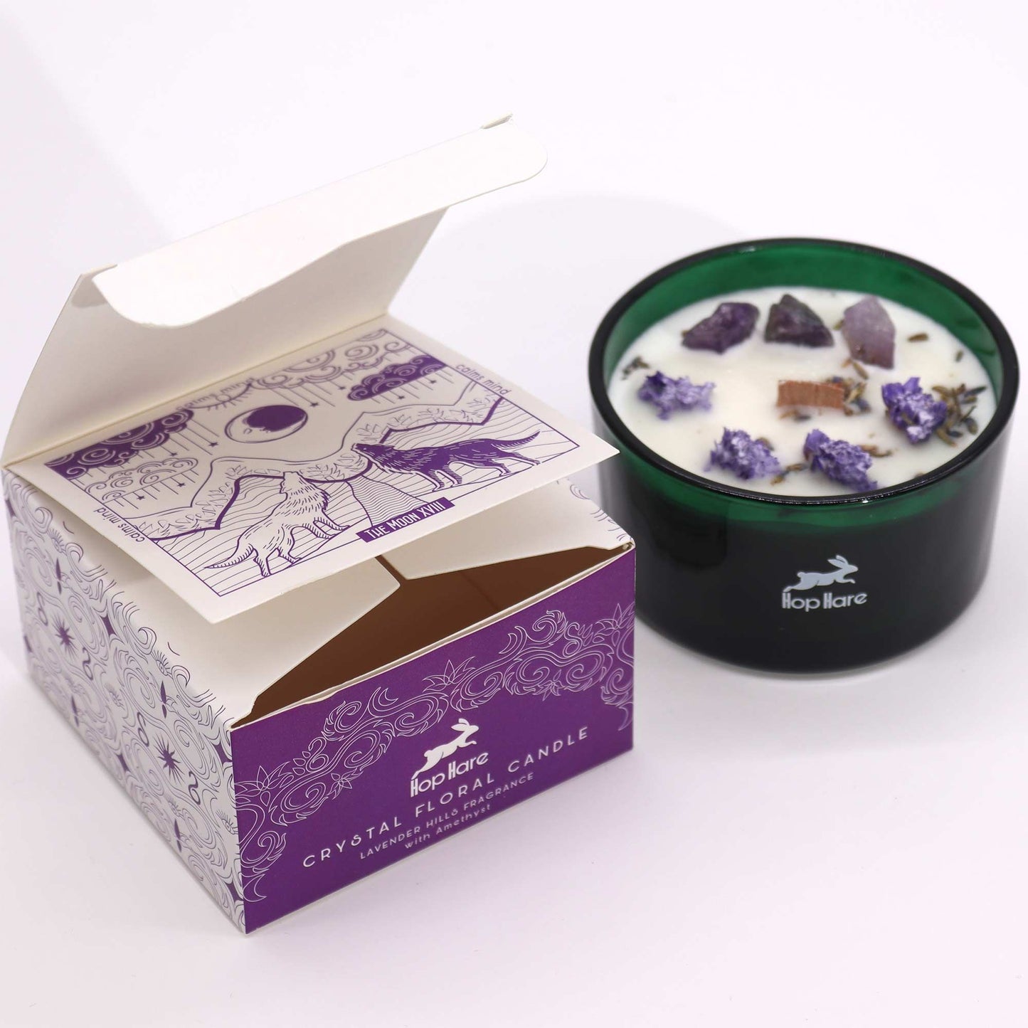 Hop Hare Crystal Magic Flower Candle - The Moon in a branded box on a white background