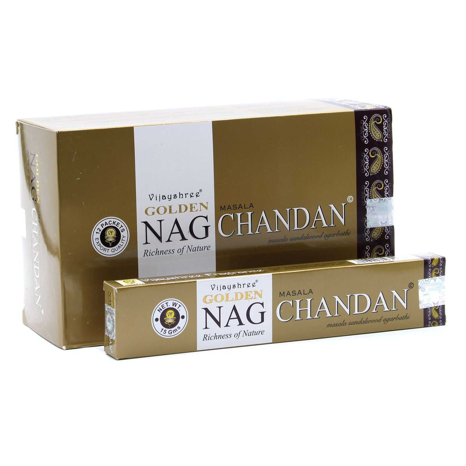 Two boxes of Golden Nag Chandan incense on a white background