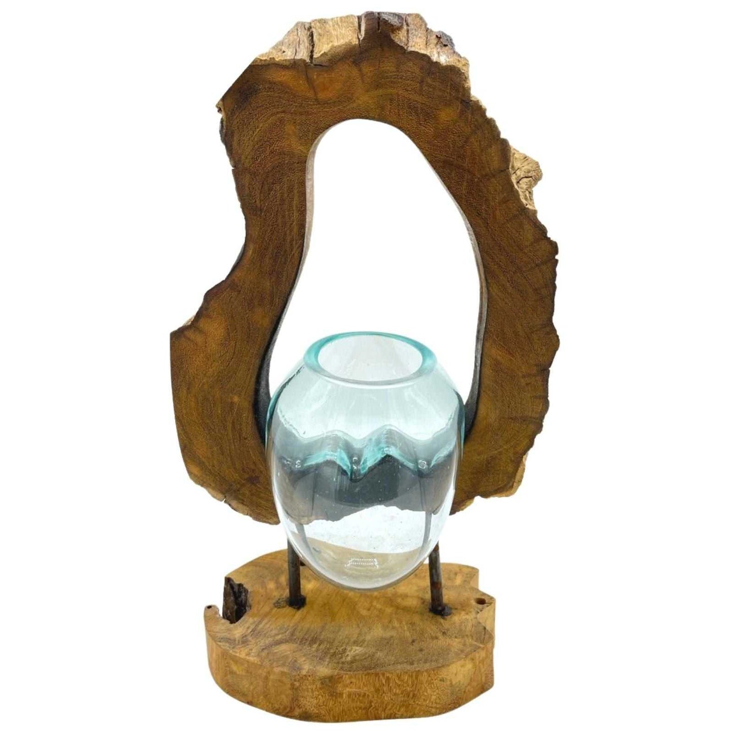 Molten Glass Hanging Art Vase on Wood - Balinese Handcrafted Homeware on a white background front view