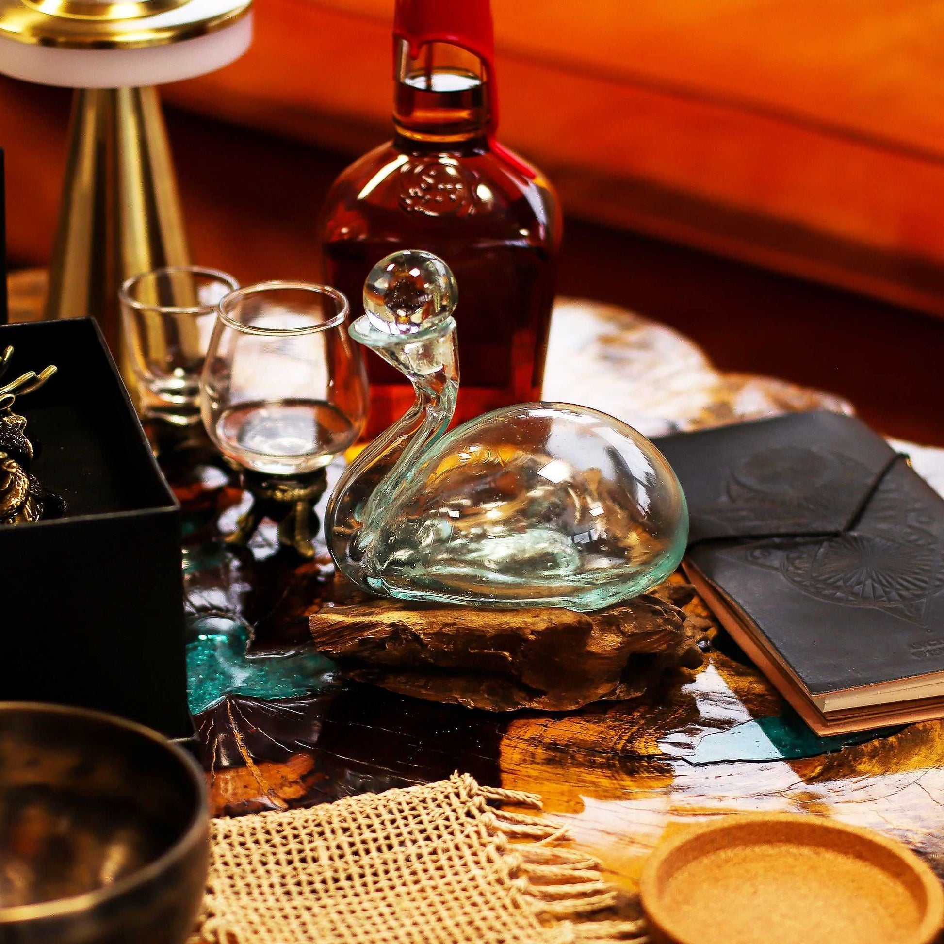 Molten Glass Duck Decanter on Wood with Stopper 19cm placed on a desk setting