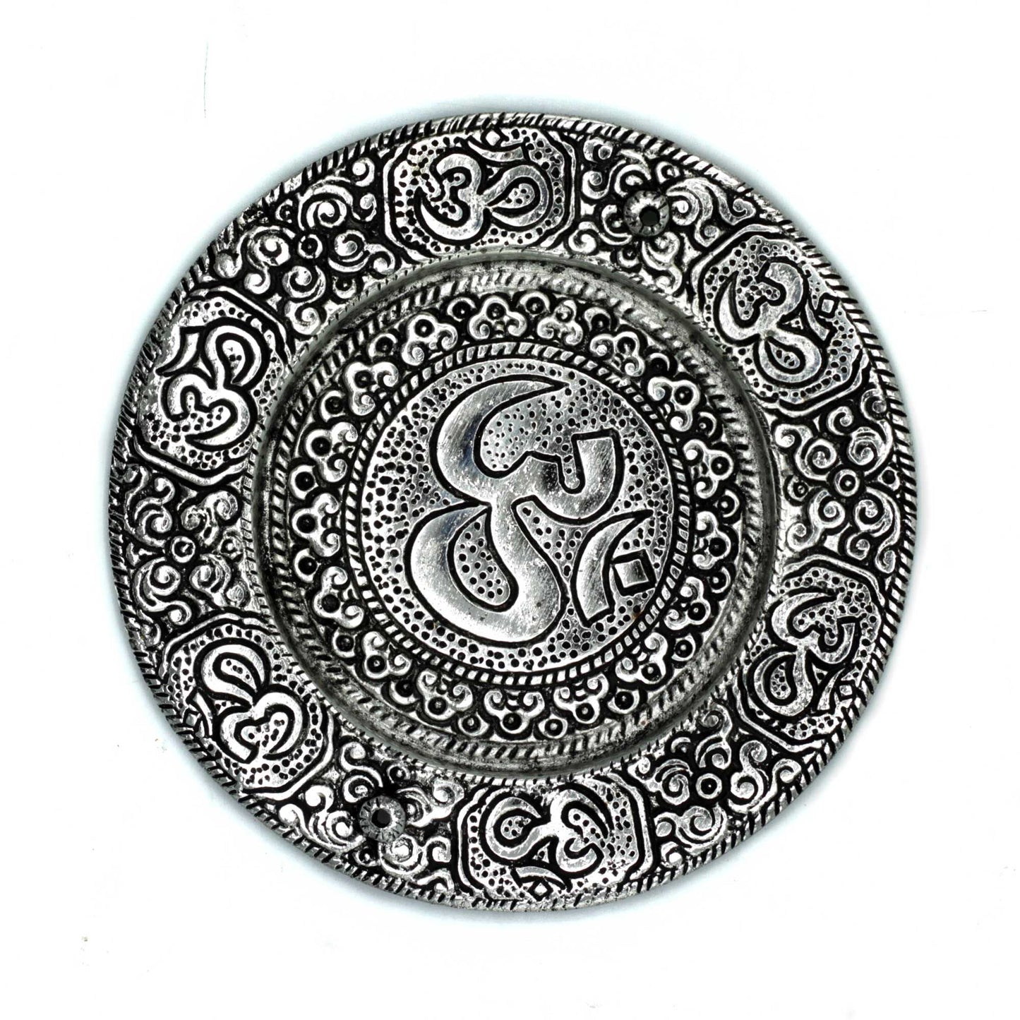 Polished Aluminium Om Round Incense Holder on a white background