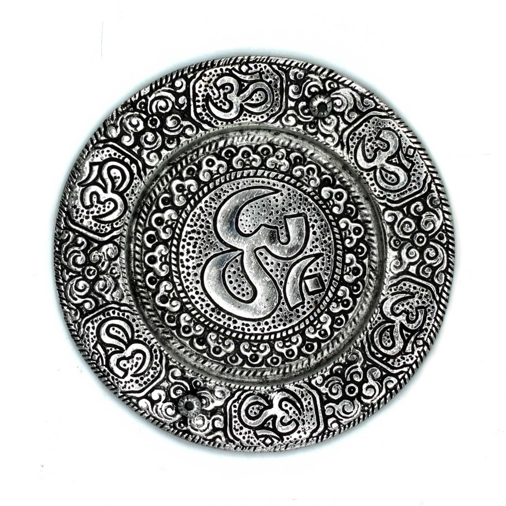 Polished Aluminium Om Round Incense Holder on a white background