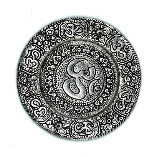 Polished Aluminium Om Round Incense Holder on a white background
