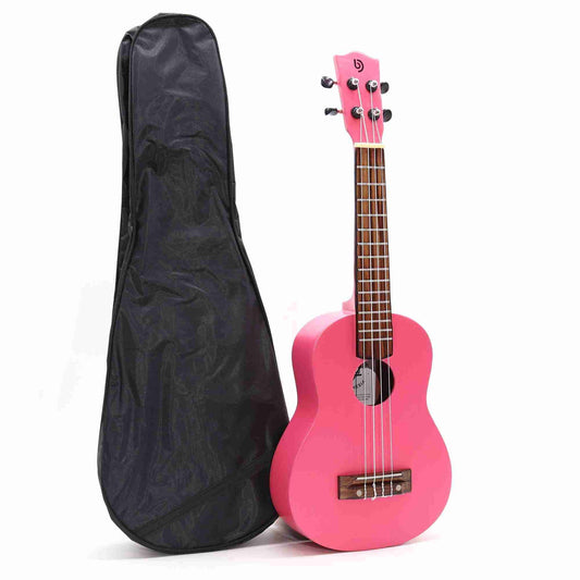 Artisan Made Ukulele - Bright Pink Finish with a black case on a white background