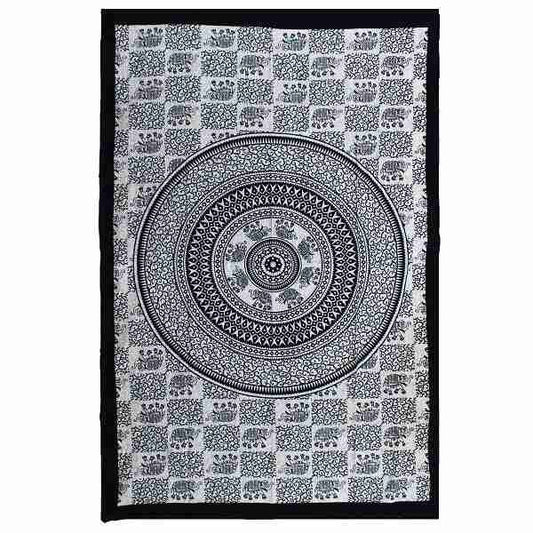 Single Cotton Bedspread + Wall Hanging - Mono - Elephant Mandala on a white background