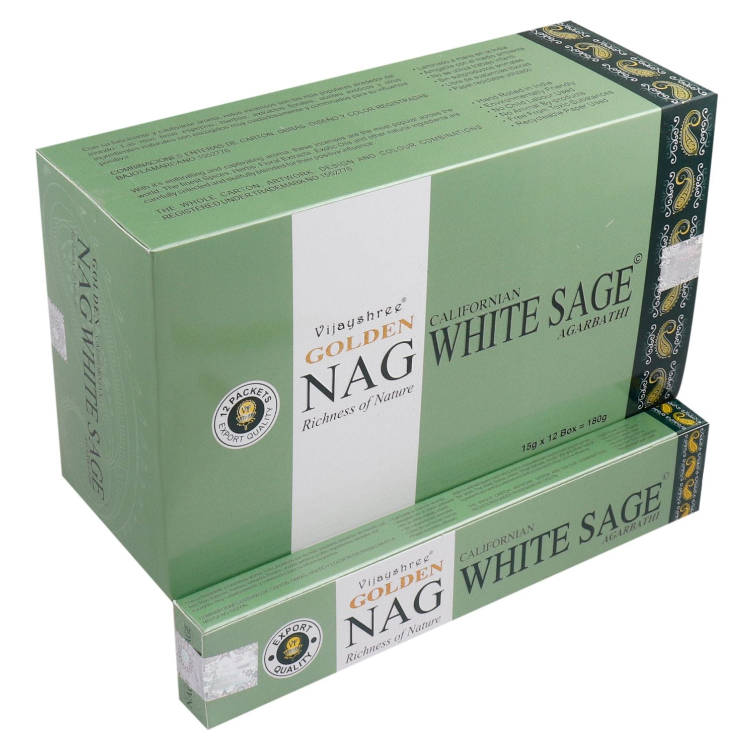 Green box of Golden Nag California White Sage incense sticks on a white background