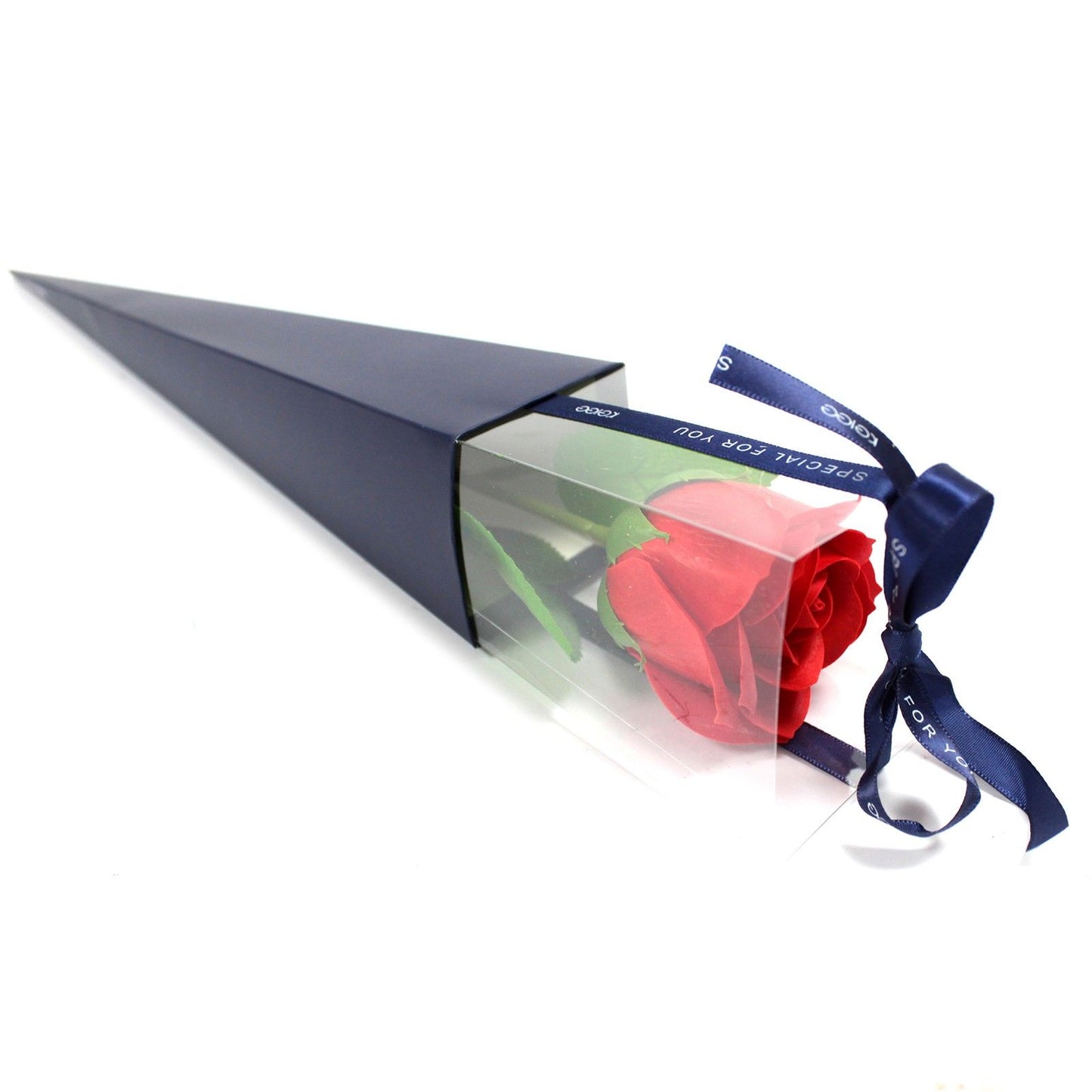 Single Red soap rose in blue and clear gift box