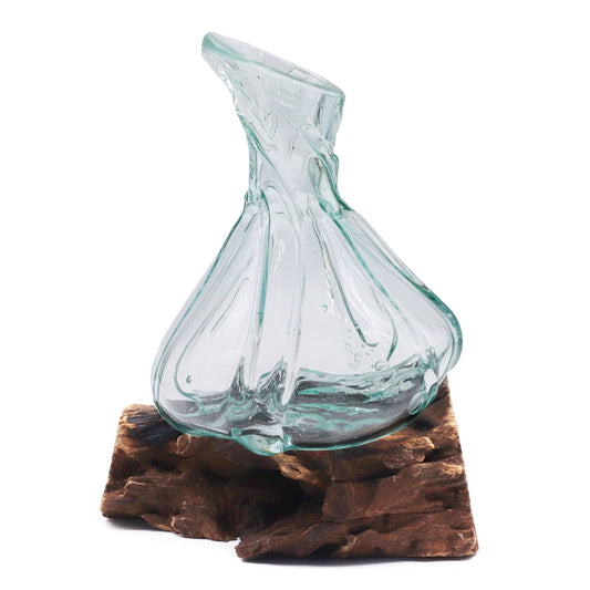 Mini glass wine decanter on wood base 24cm - handcrafted sustainable gift