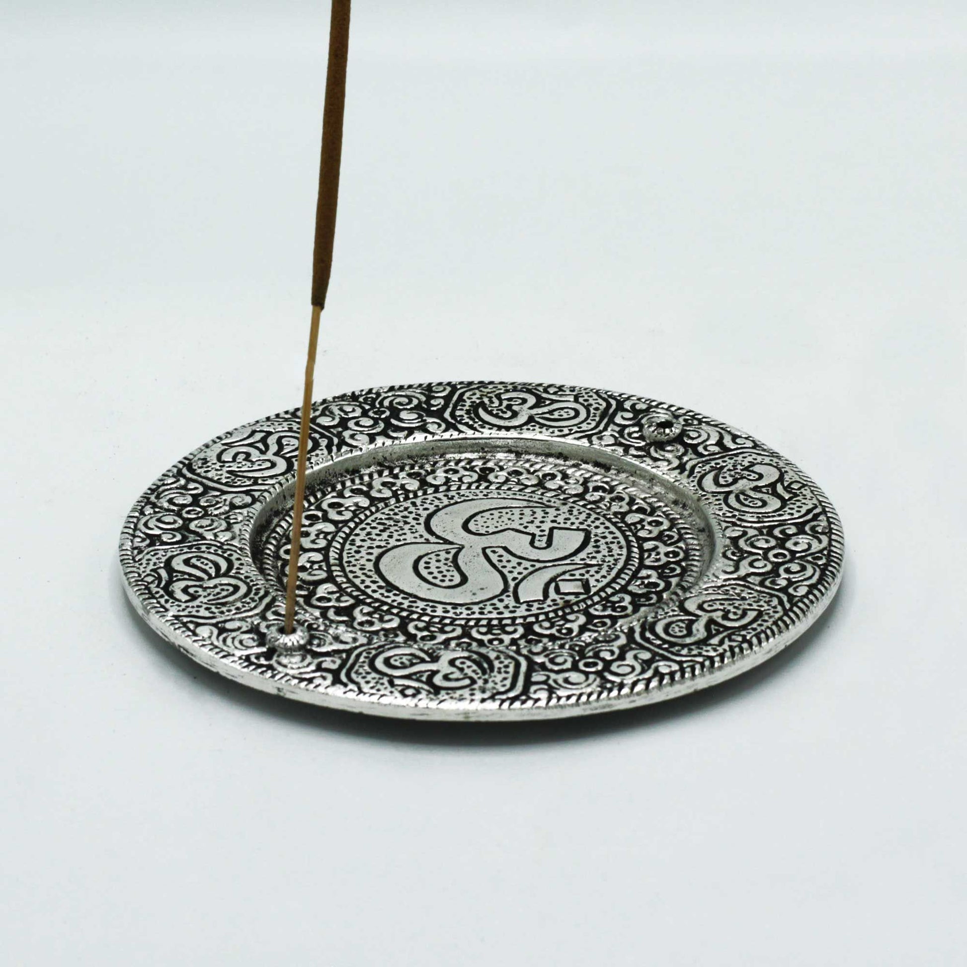 Polished Aluminium Om Round Incense Holder with a single incense stick