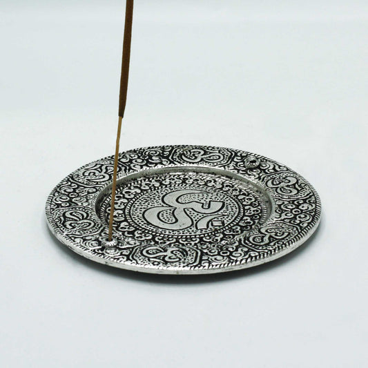 Polished Aluminium Om Round Incense Holder with a single incense stick