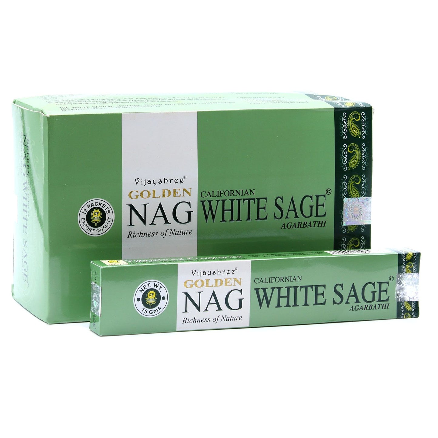 Green boxes of Golden Nag White Sage incense on a white background