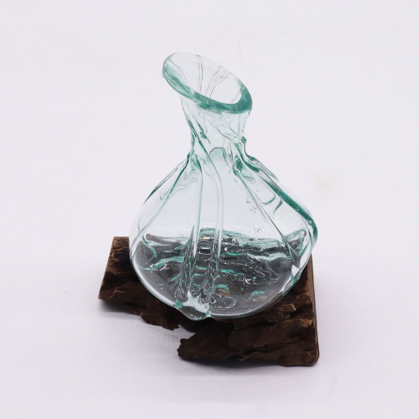 Mini glass wine decanter on gamal wood base 24cm - handcrafted sustainable gift