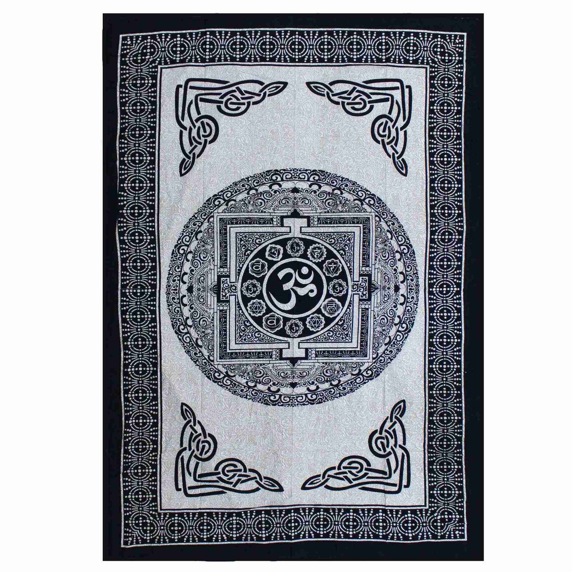 Single Cotton Bedspread + Wall Hanging - Mono - OM Mandala on a white background
