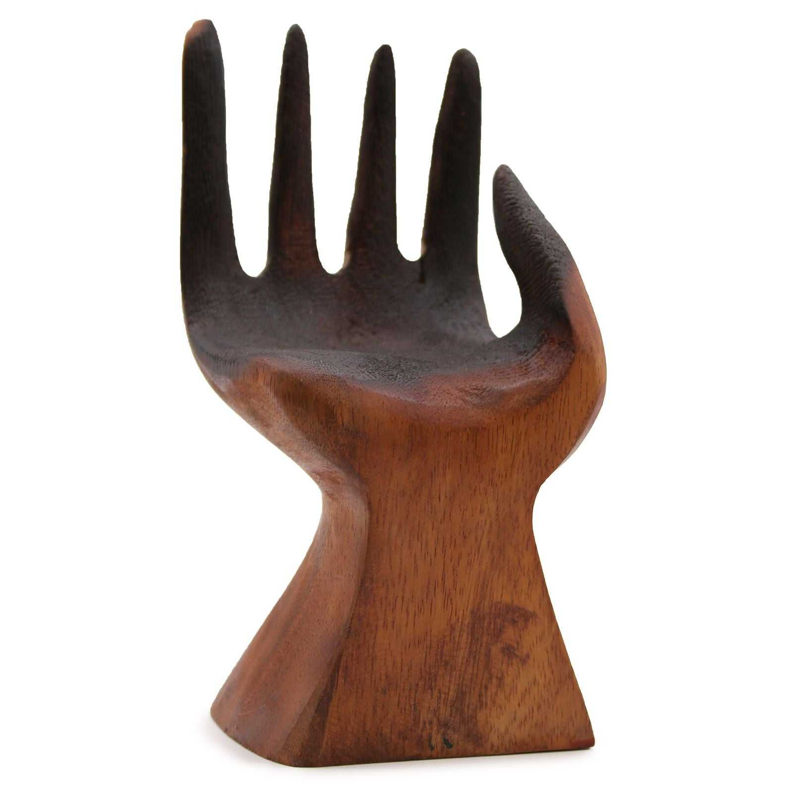 Carved Hand with Molten Glass Bowl without the bowl on a white background