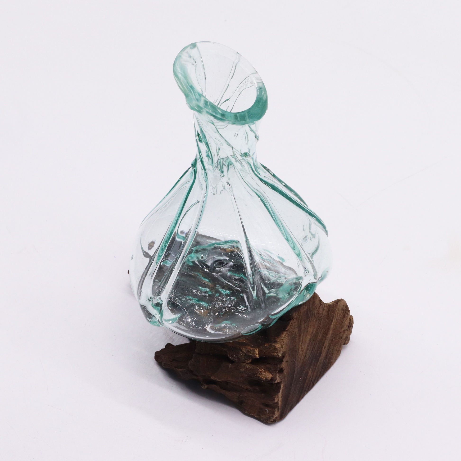 Mini glass wine decanter on gamal wood base - handcrafted sustainable gift