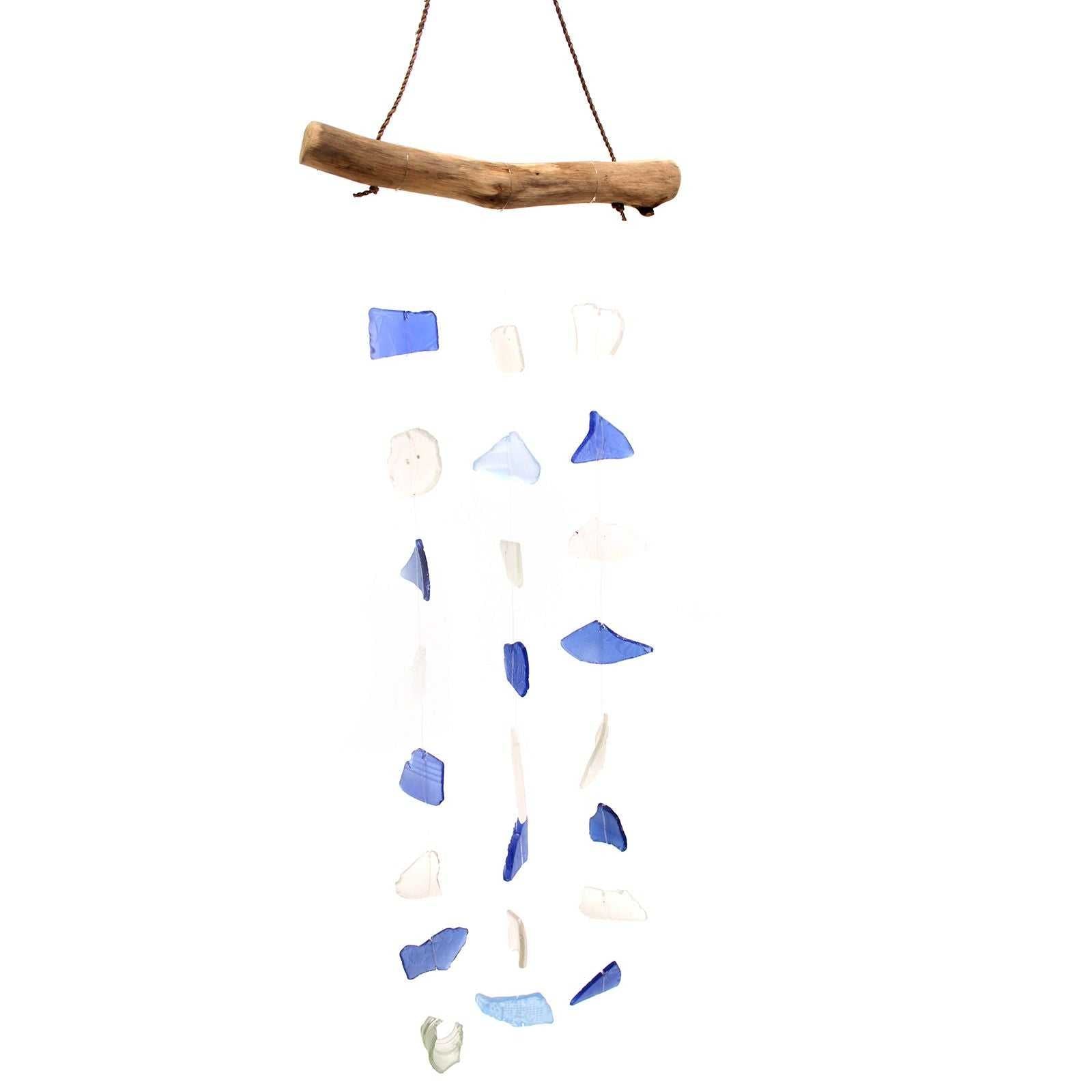 Three Drop Wind Chime Blue & White - Recycled Glass on a white background