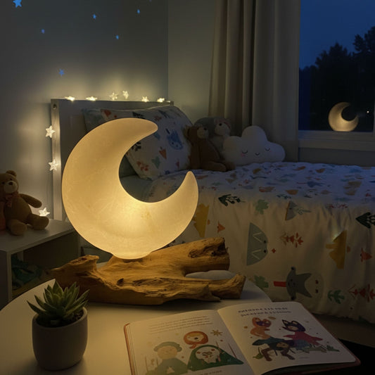 Moon-shaped lamp on a table next to a child's bed with toys and a book.