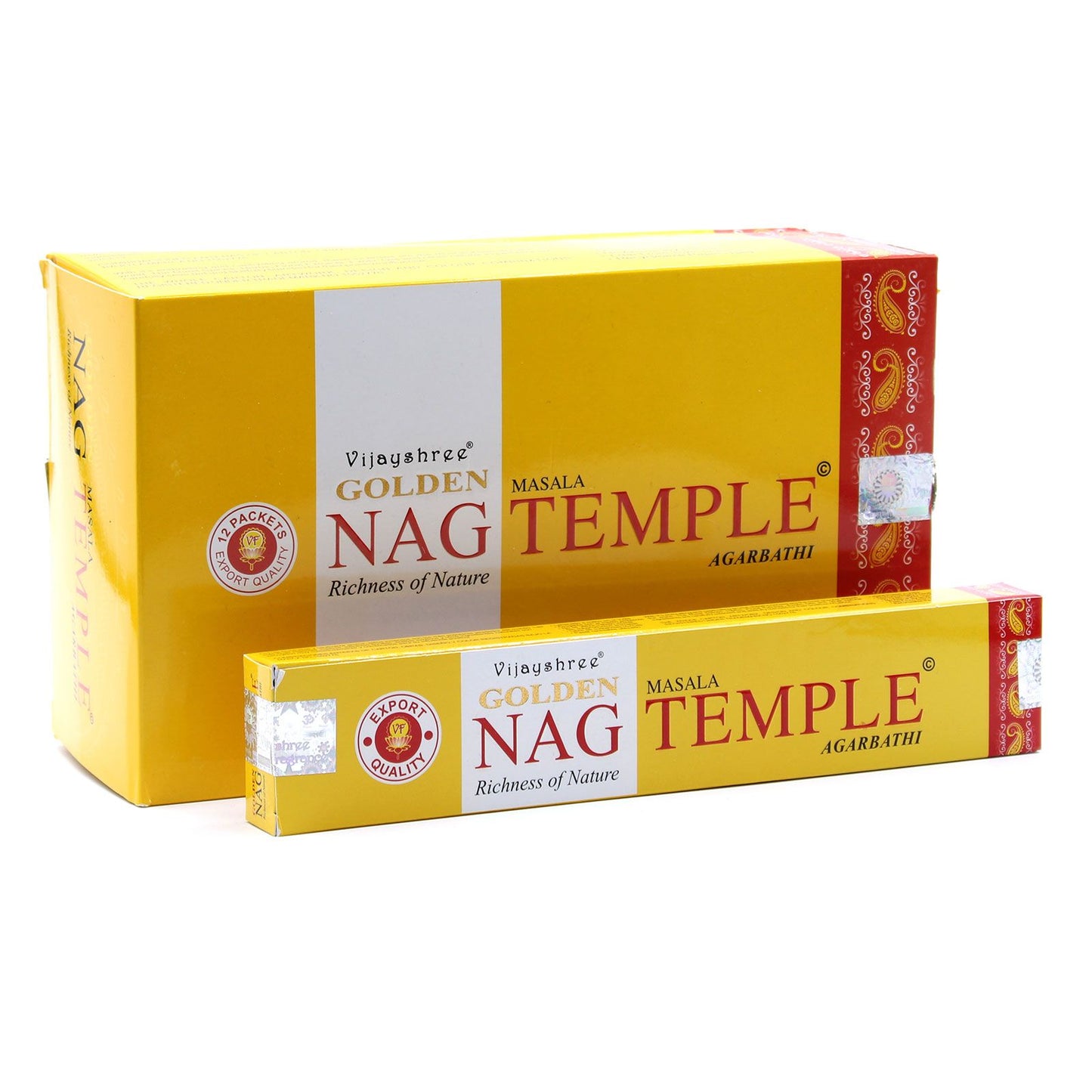 Two boxes of Golden Nag Temple incense on a white background