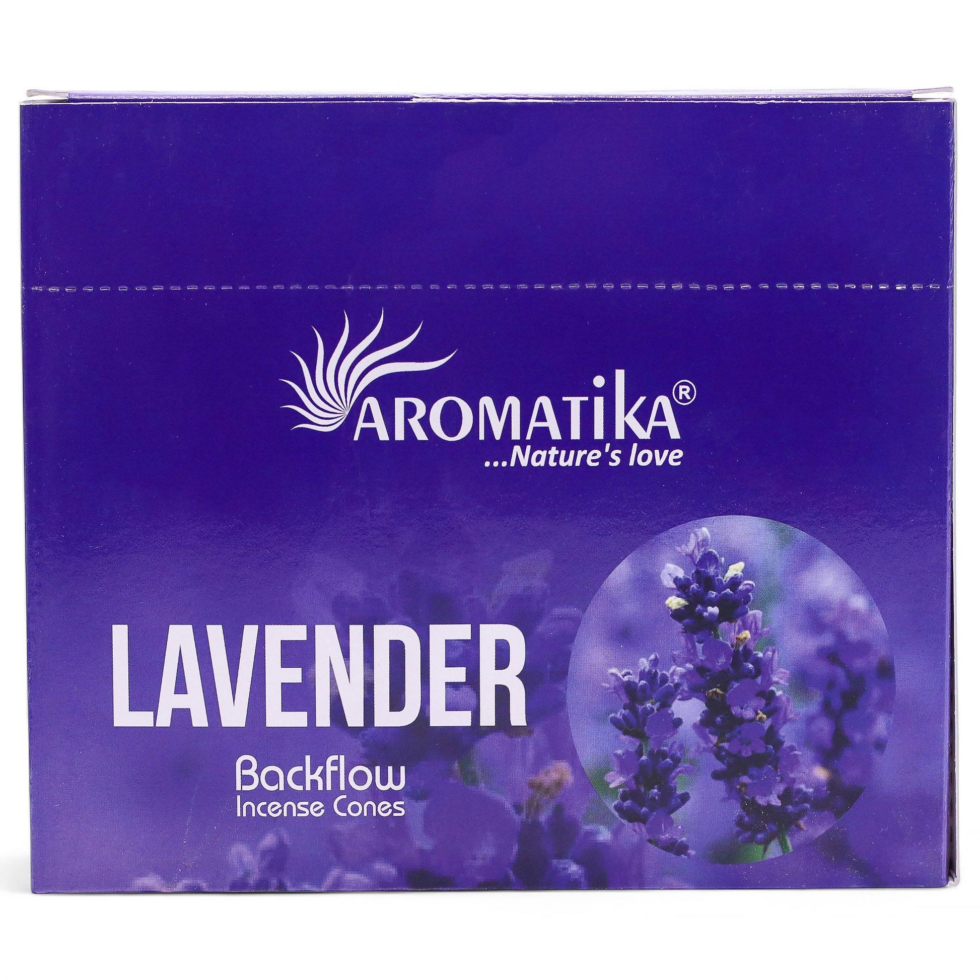 Aromatika lavender backflow incense cones packaging on a white background